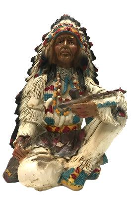 Sitting Native American Indian with Feather Headdress and Pipe