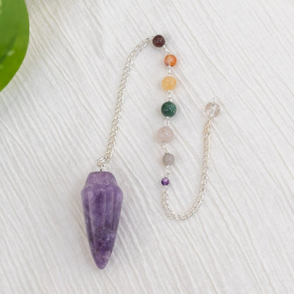 Amethyst Curved Pendulum with 7 Chakra Stones