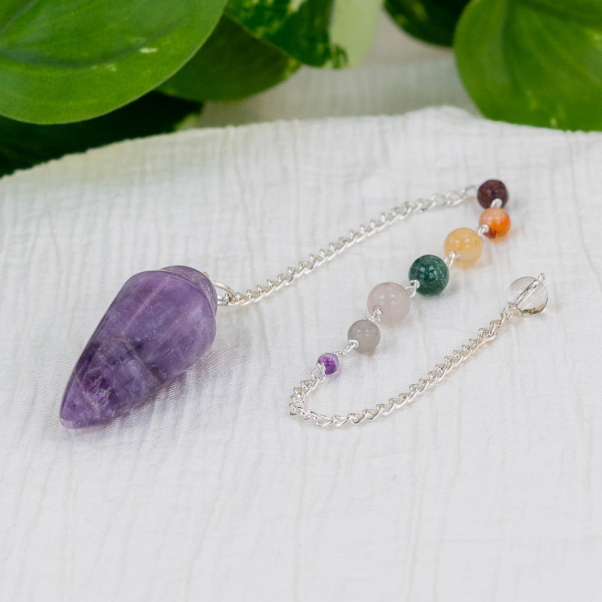 Amethyst Curved Pendulum with 7 Chakra Stones