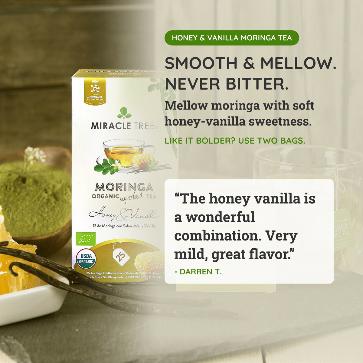 Organic Moringa Tea - Honey & Vanilla - Caffeine-Free Herbal Tea