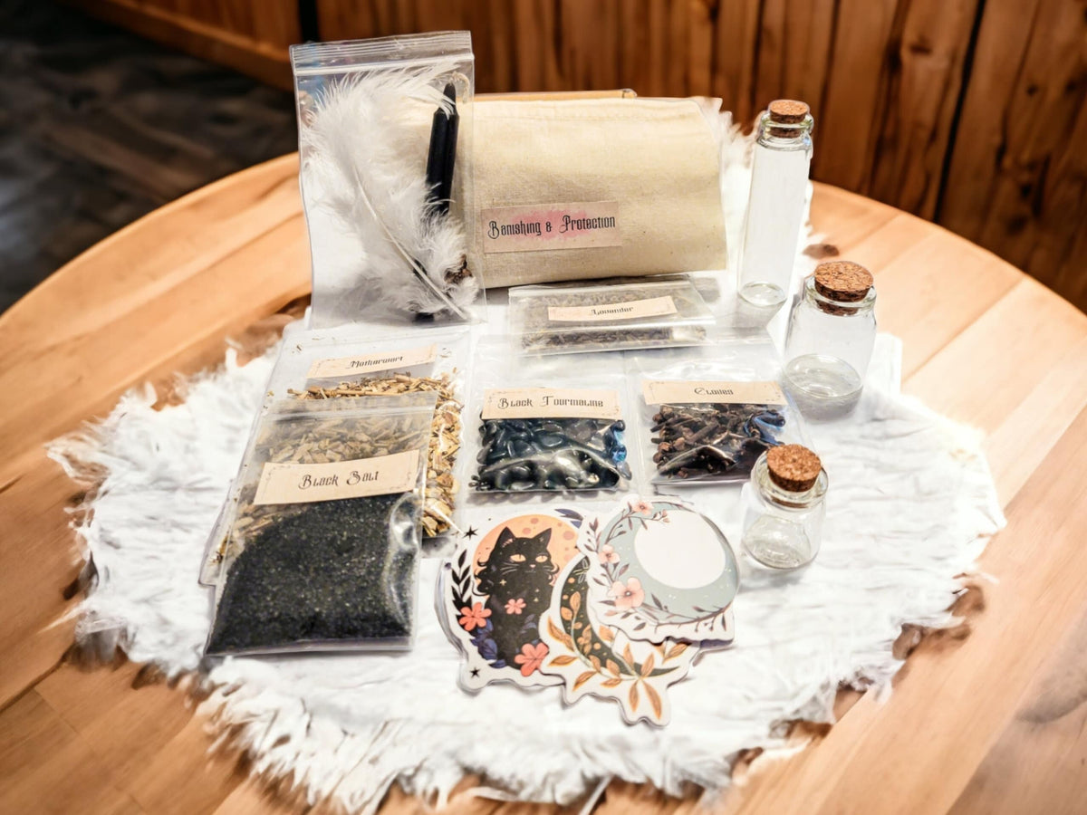Protection Banishing Intention Bottle Kit - Deluxe or Gift Set - DIY Witchcraft Supplies - Herbs and Crystals